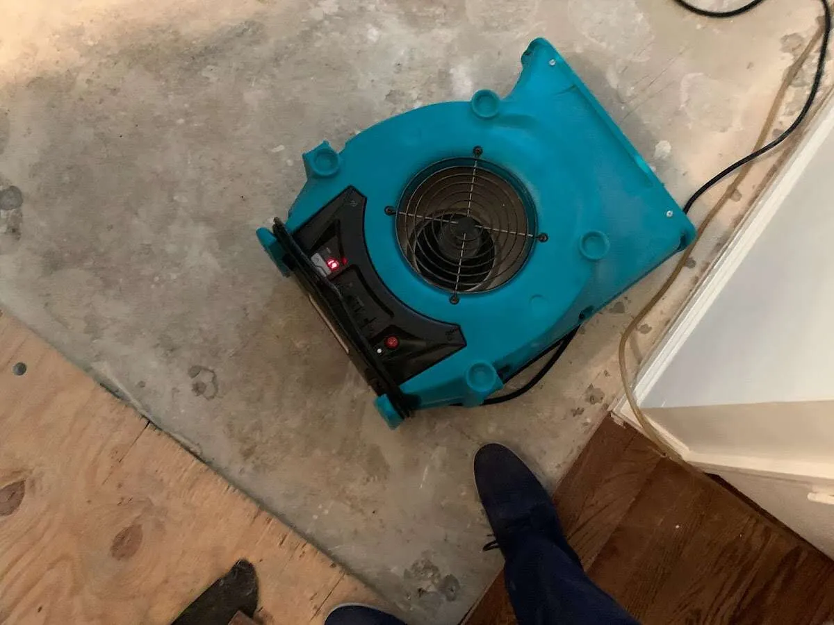 Air mover drying subfloor during Commercial Water Damage Restoration in Radford